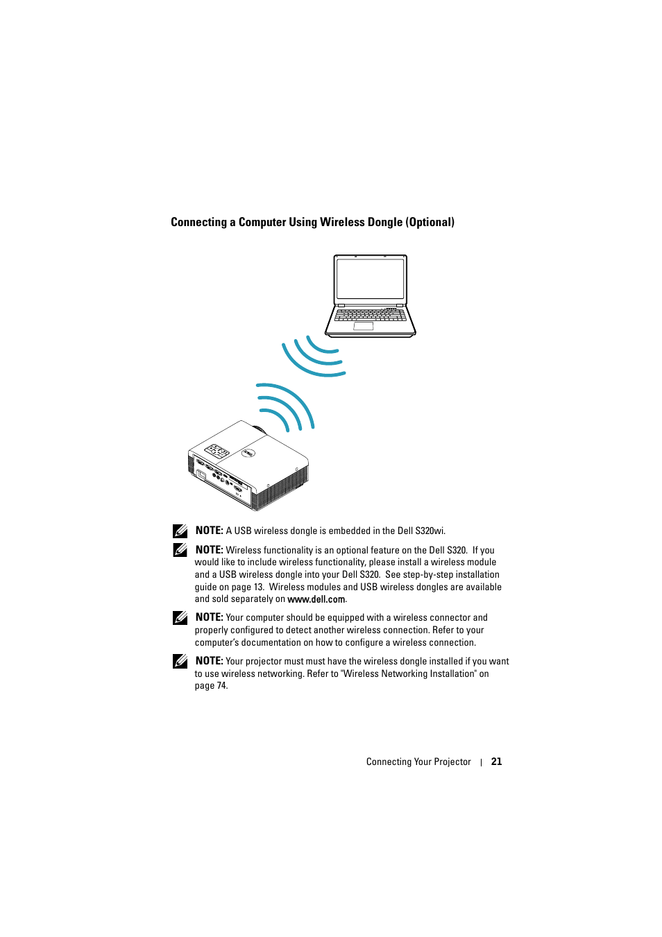 Connecting a computer using, Wireless dongle (optional) | Dell S320wi Projector User Manual | Page 21 / 152