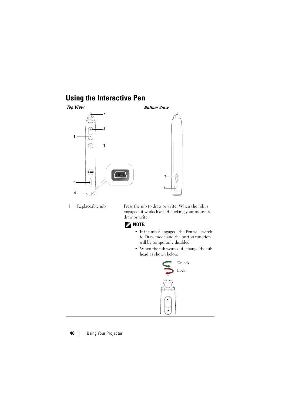 Using the interactive pen, Top view | Dell S320wi Projector User Manual | Page 40 / 152