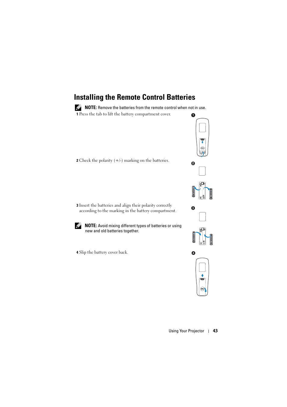 Installing the remote control batteries | Dell S320wi Projector User Manual | Page 43 / 152