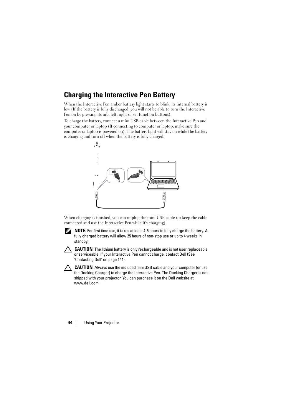 Charging the interactive pen battery | Dell S320wi Projector User Manual | Page 44 / 152