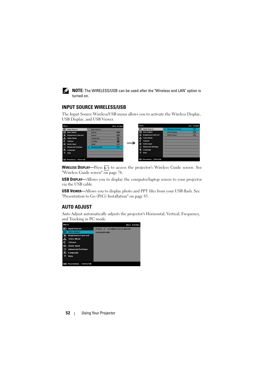 Input source wireless/usb, Auto adjust | Dell S320wi Projector User Manual | Page 52 / 152