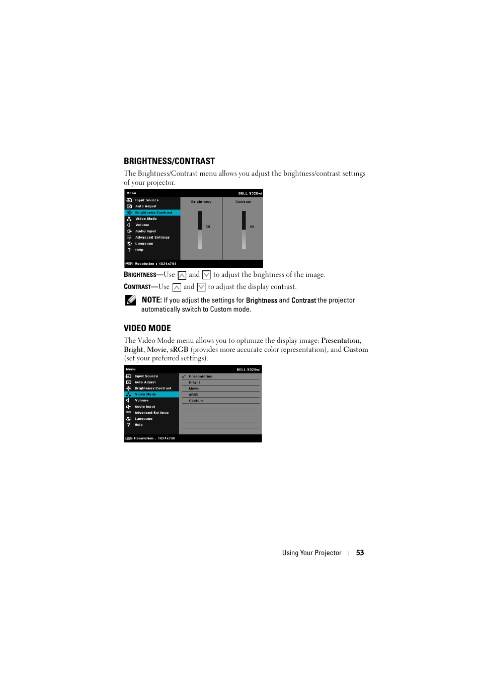 Brightness/contrast, Video mode | Dell S320wi Projector User Manual | Page 53 / 152