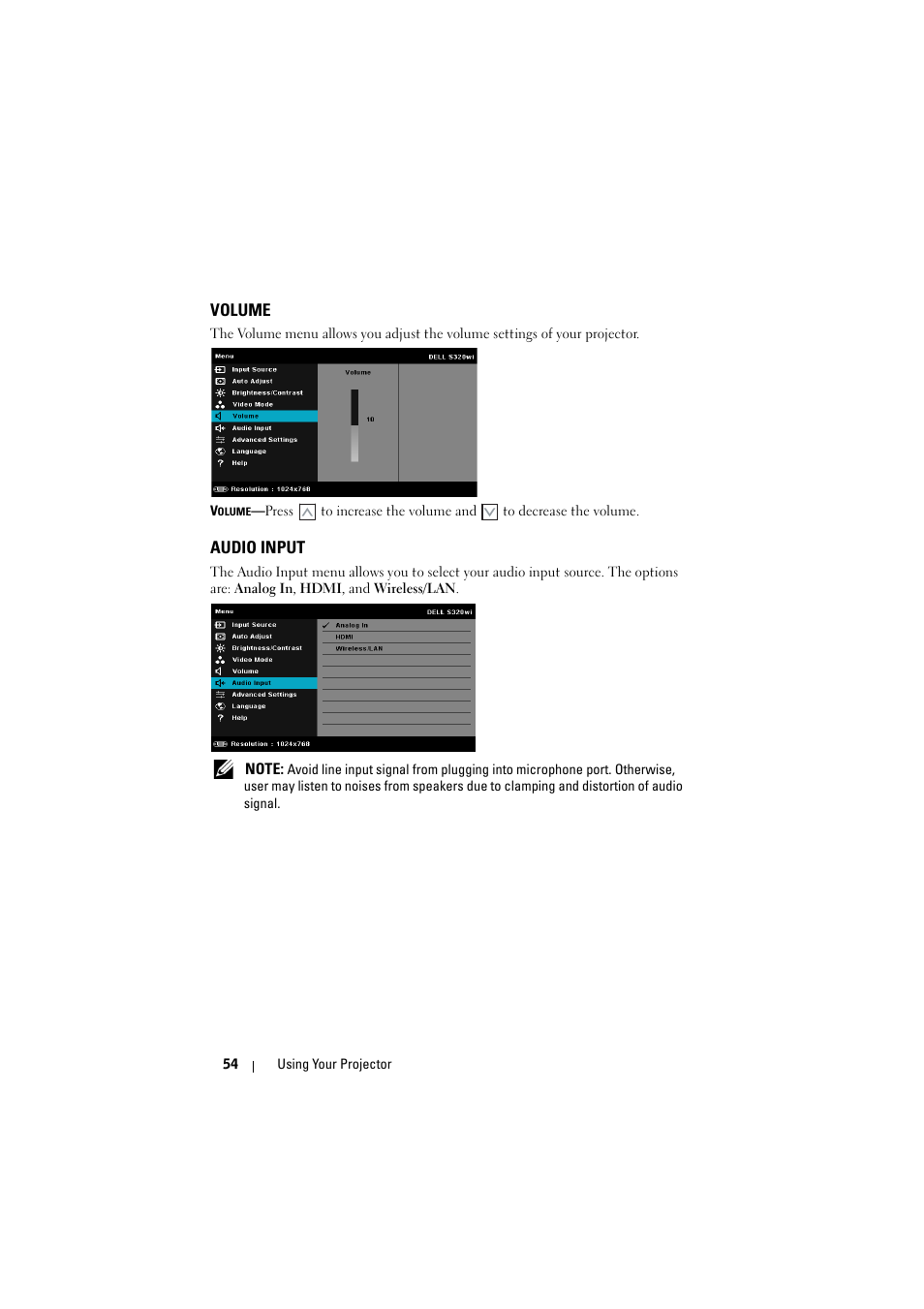 Volume, Audio input | Dell S320wi Projector User Manual | Page 54 / 152