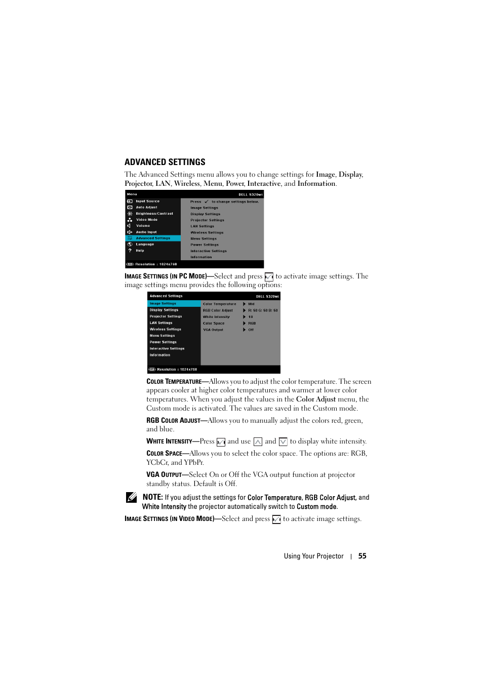 Advanced settings | Dell S320wi Projector User Manual | Page 55 / 152