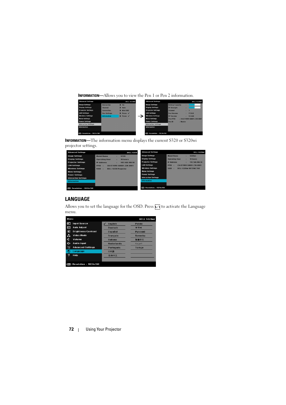 Language | Dell S320wi Projector User Manual | Page 72 / 152