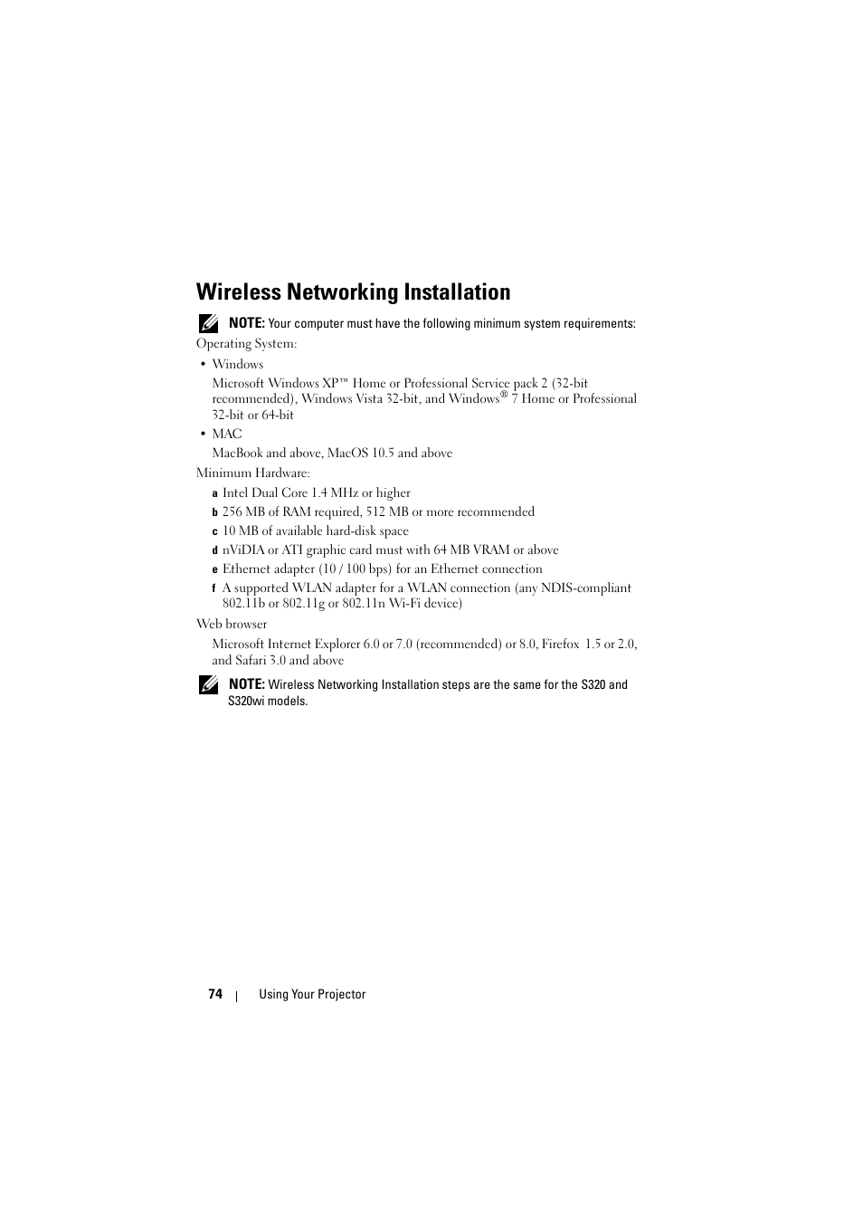 Wireless networking installation | Dell S320wi Projector User Manual | Page 74 / 152