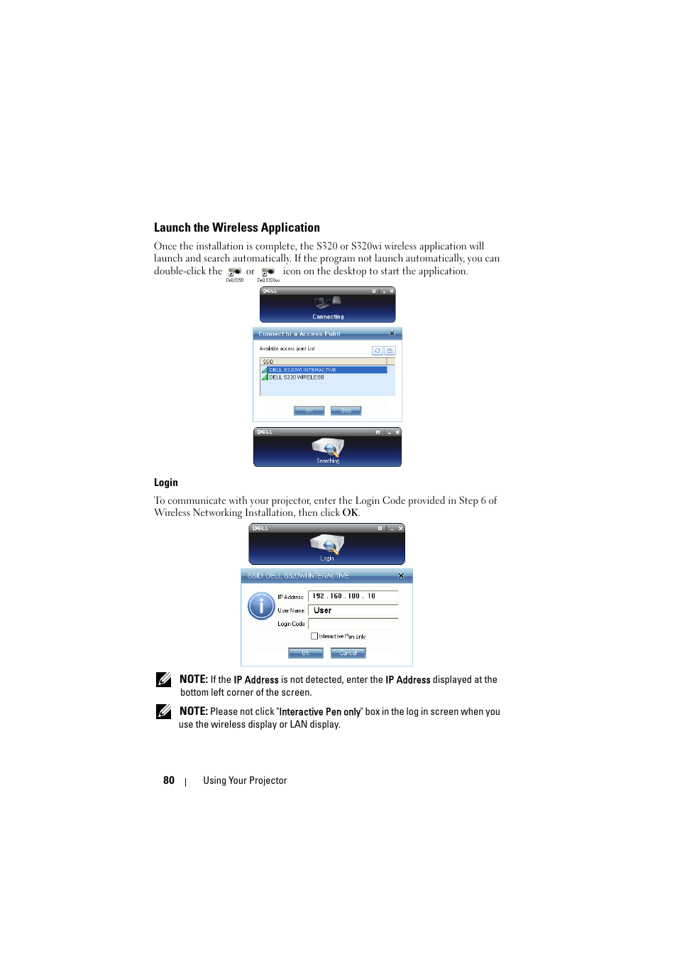 Launch the wireless application, Login | Dell S320wi Projector User Manual | Page 80 / 152