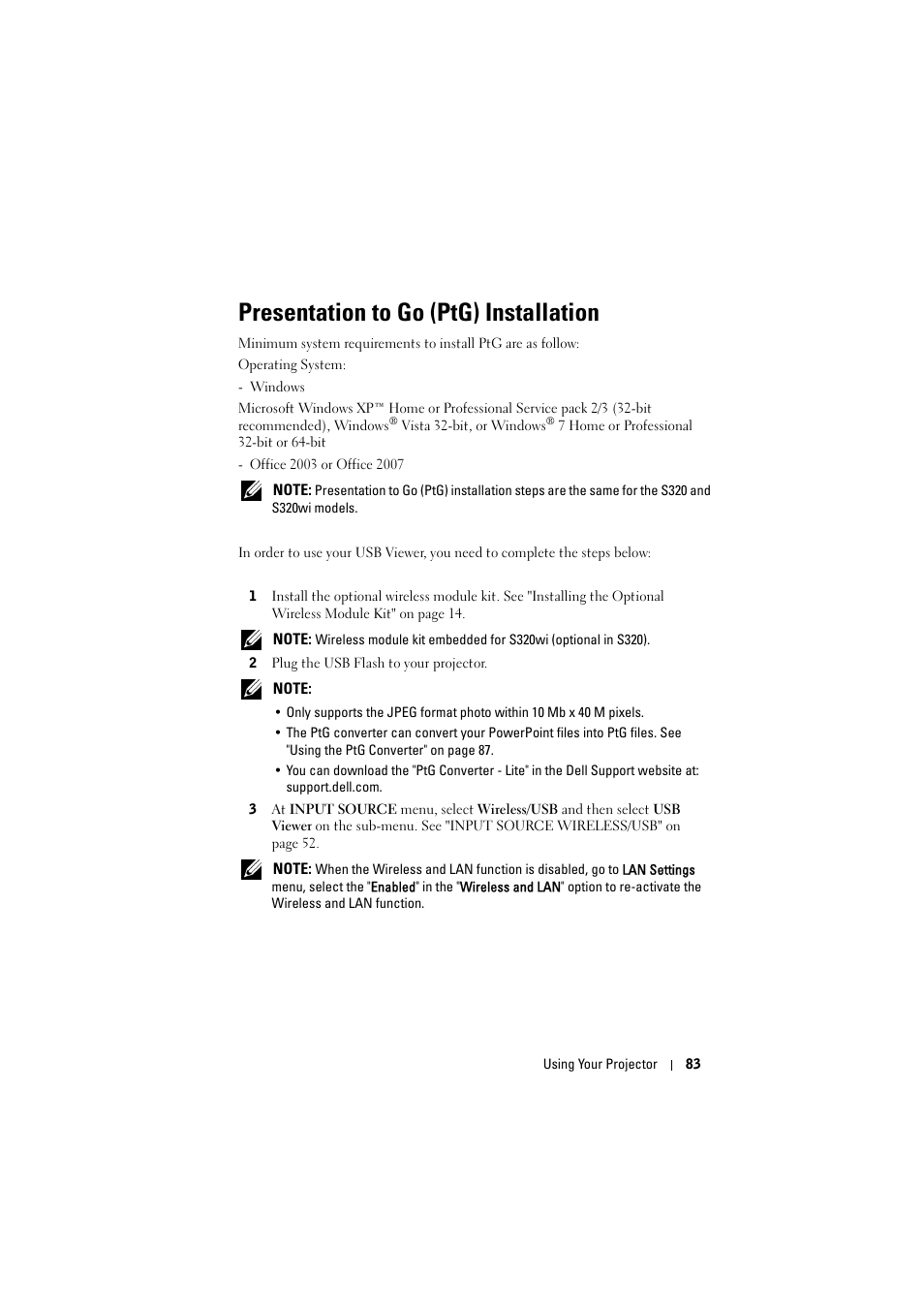 Presentation to go (ptg) installation | Dell S320wi Projector User Manual | Page 83 / 152