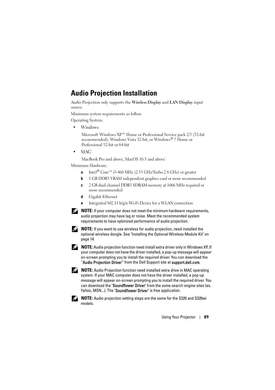 Audio projection installation | Dell S320wi Projector User Manual | Page 89 / 152