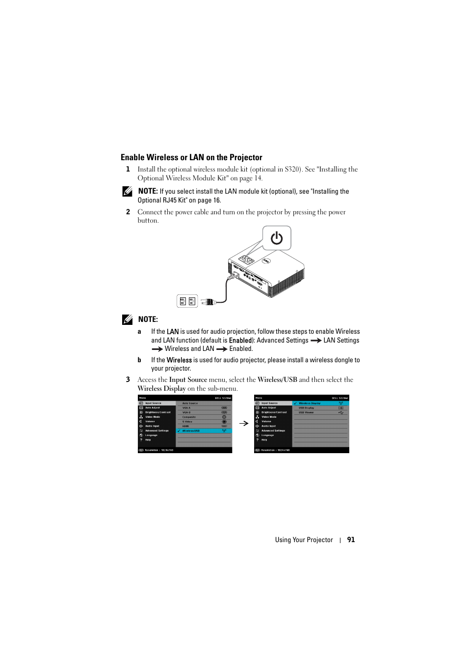Enable wireless or lan on the projector | Dell S320wi Projector User Manual | Page 91 / 152