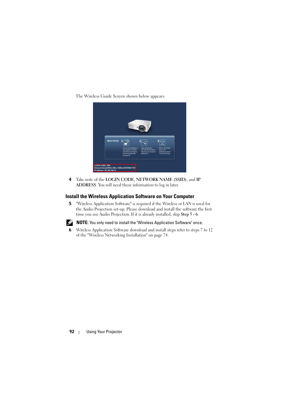 Install the wireless application software on, Your computer | Dell S320wi Projector User Manual | Page 92 / 152