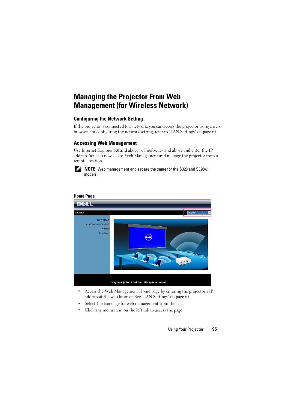 Configuring the network setting, Accessing web management, Managing the | Dell S320wi Projector User Manual | Page 95 / 152