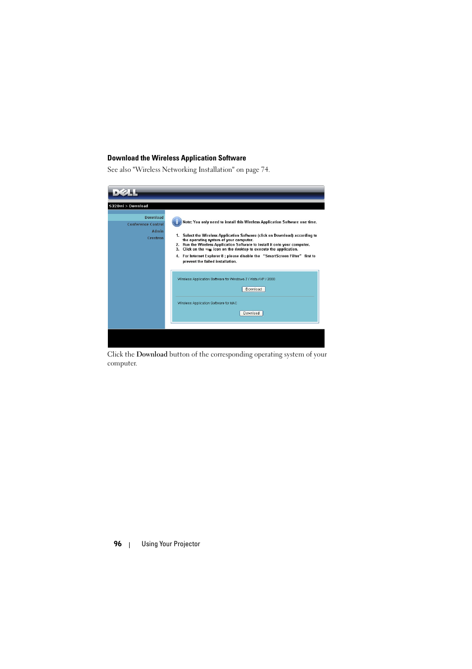 Download the wireless application software | Dell S320wi Projector User Manual | Page 96 / 152