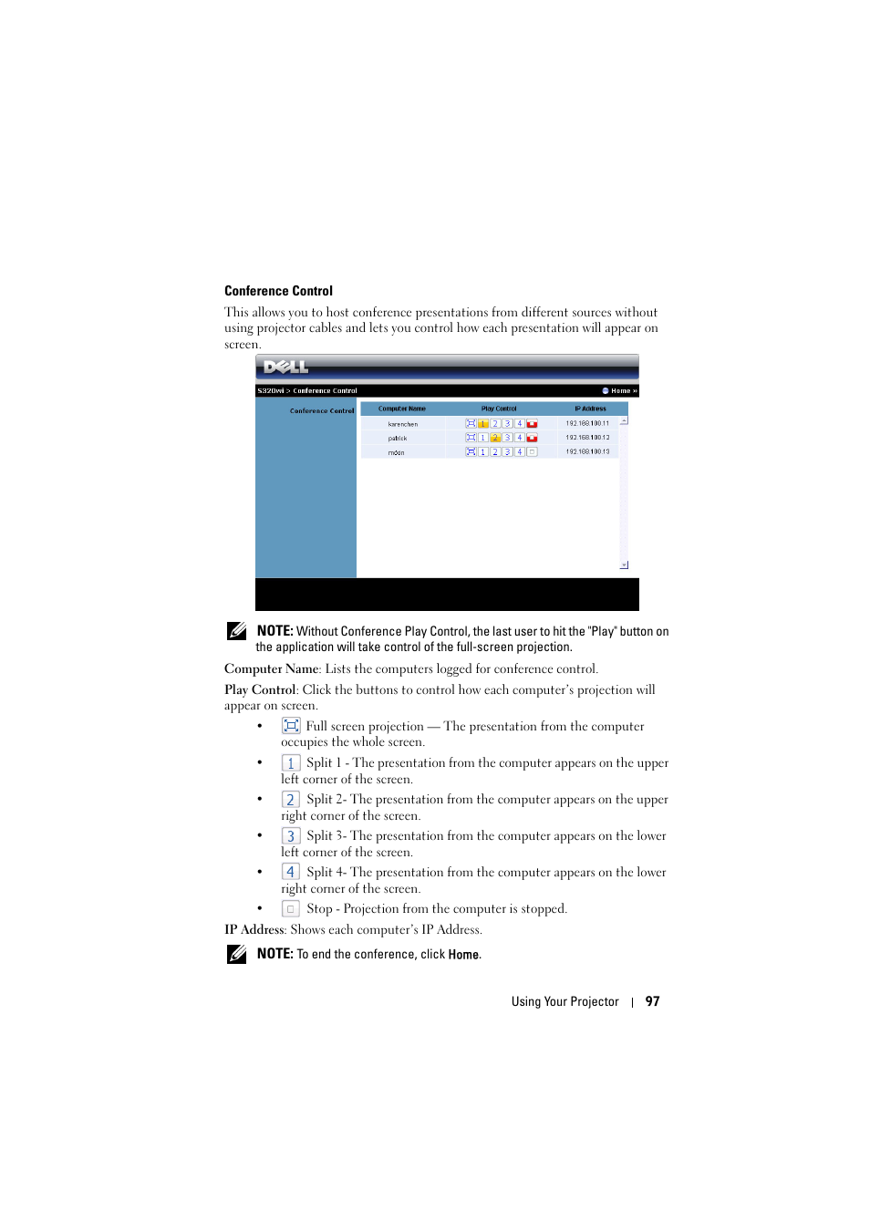 Conference control | Dell S320wi Projector User Manual | Page 97 / 152