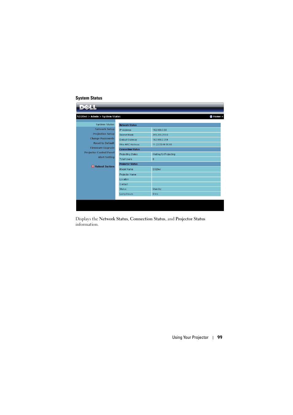 System status | Dell S320wi Projector User Manual | Page 99 / 152