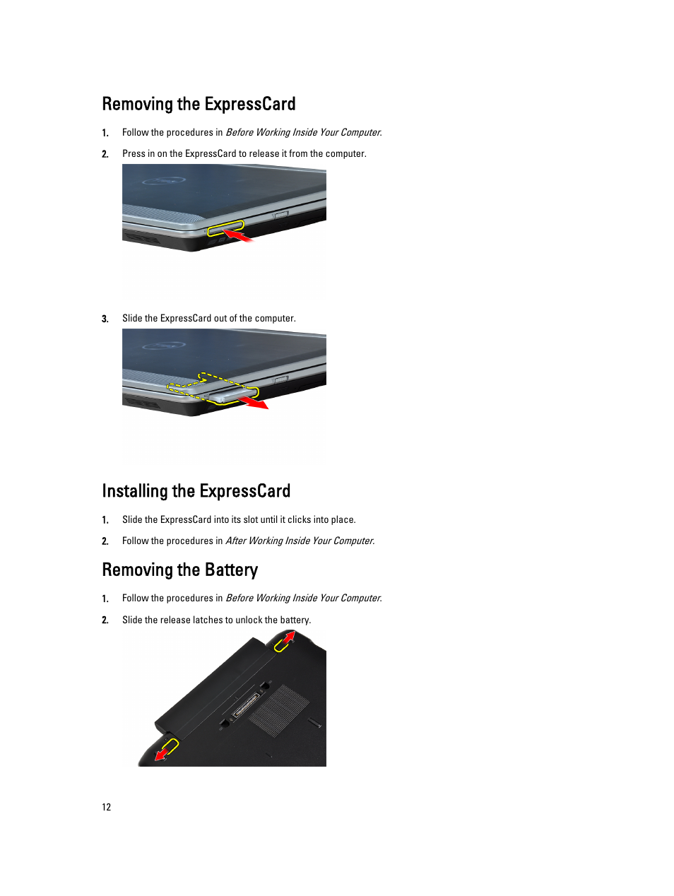 Removing the expresscard, Installing the expresscard, Removing the battery | Dell Latitude E6330 (Mid 2012) User Manual | Page 12 / 81