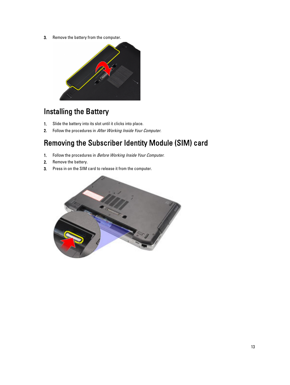 Installing the battery, Removing the subscriber identity module (sim) card | Dell Latitude E6330 (Mid 2012) User Manual | Page 13 / 81