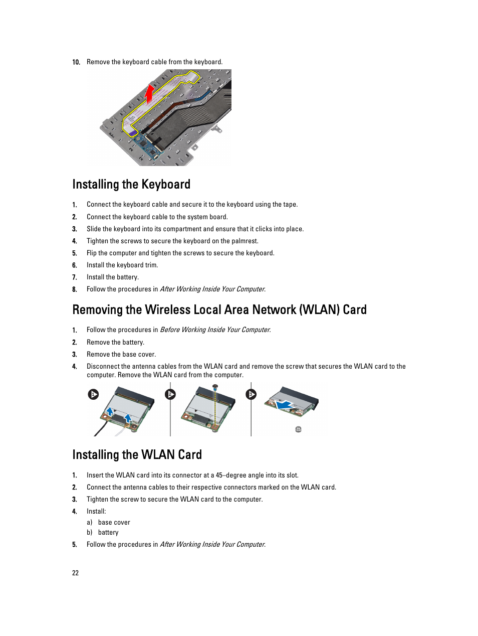 Installing the keyboard, Installing the wlan card | Dell Latitude E6330 (Mid 2012) User Manual | Page 22 / 81