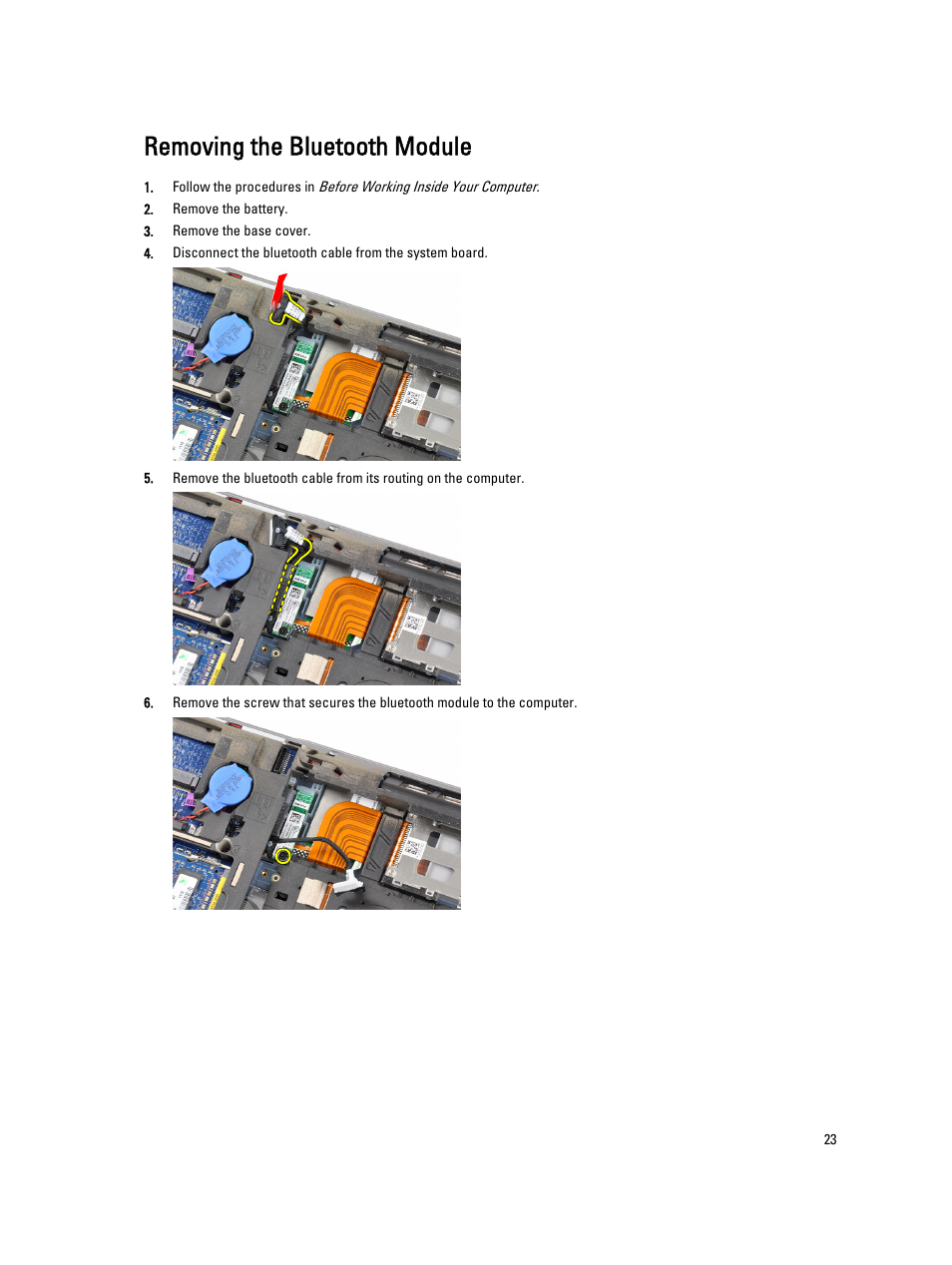 Removing the bluetooth module | Dell Latitude E6330 (Mid 2012) User Manual | Page 23 / 81
