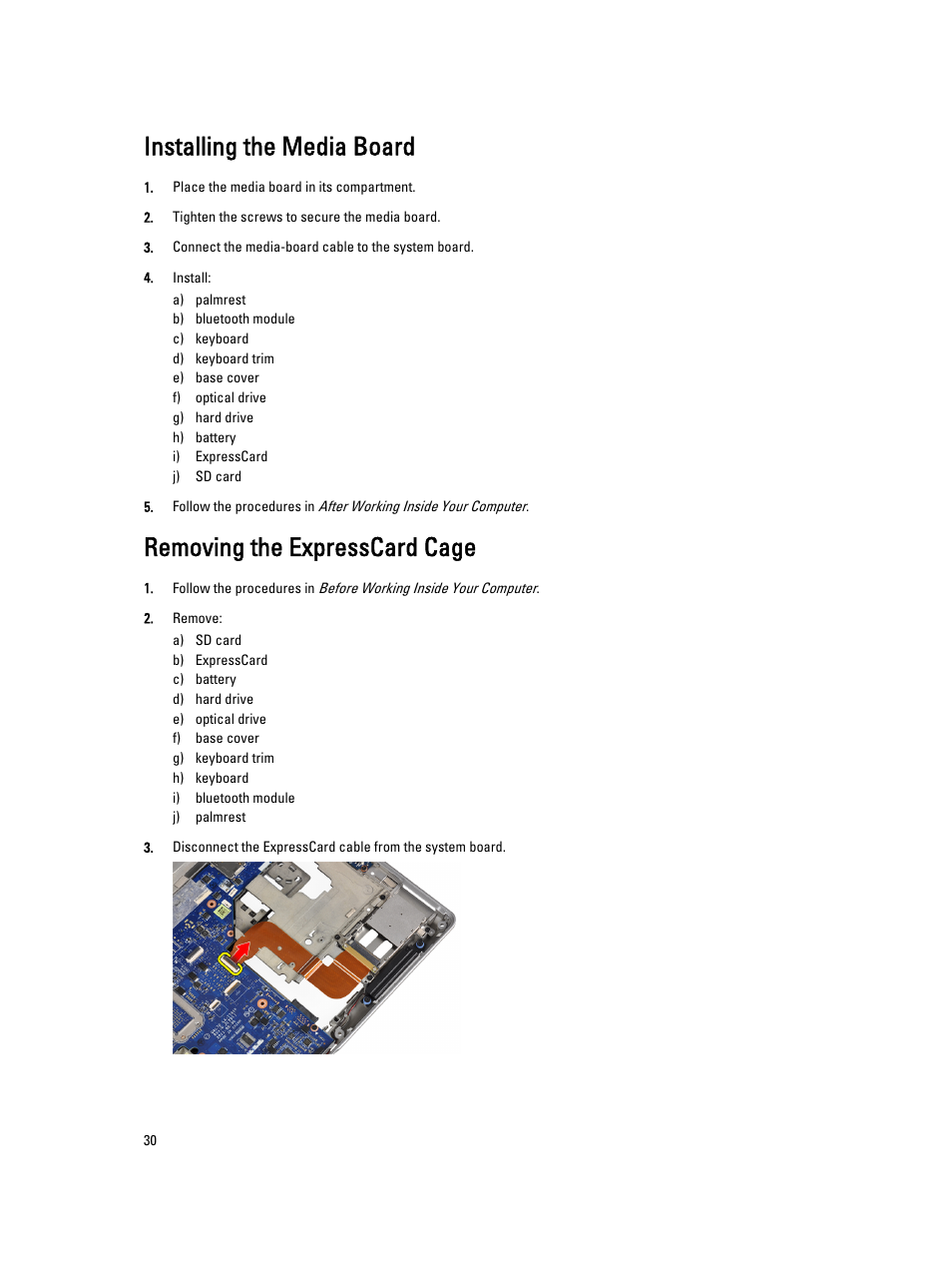 Installing the media board, Removing the expresscard cage | Dell Latitude E6330 (Mid 2012) User Manual | Page 30 / 81
