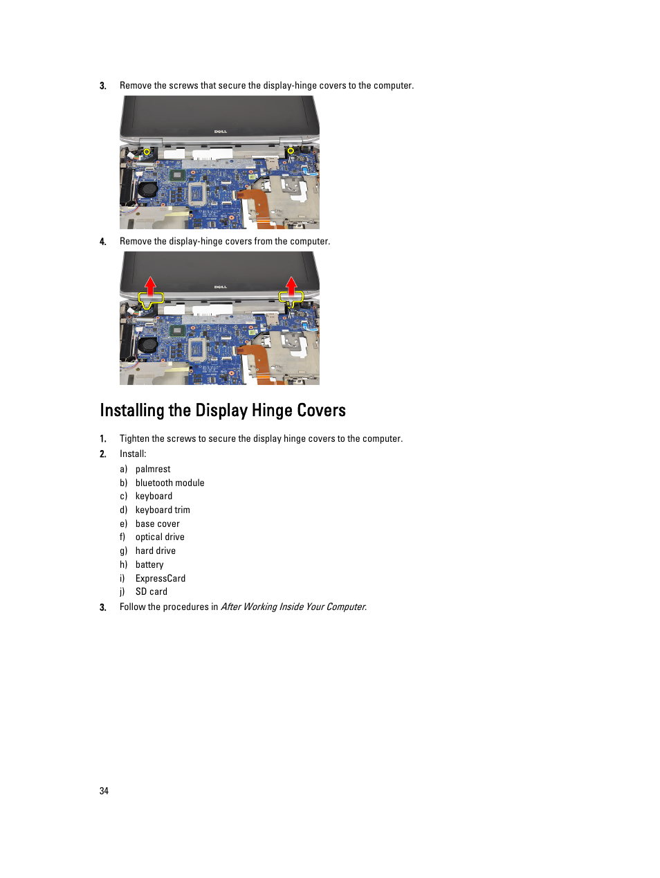 Installing the display hinge covers | Dell Latitude E6330 (Mid 2012) User Manual | Page 34 / 81