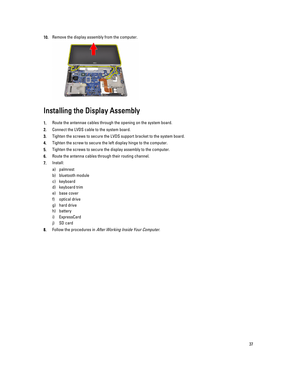 Installing the display assembly | Dell Latitude E6330 (Mid 2012) User Manual | Page 37 / 81