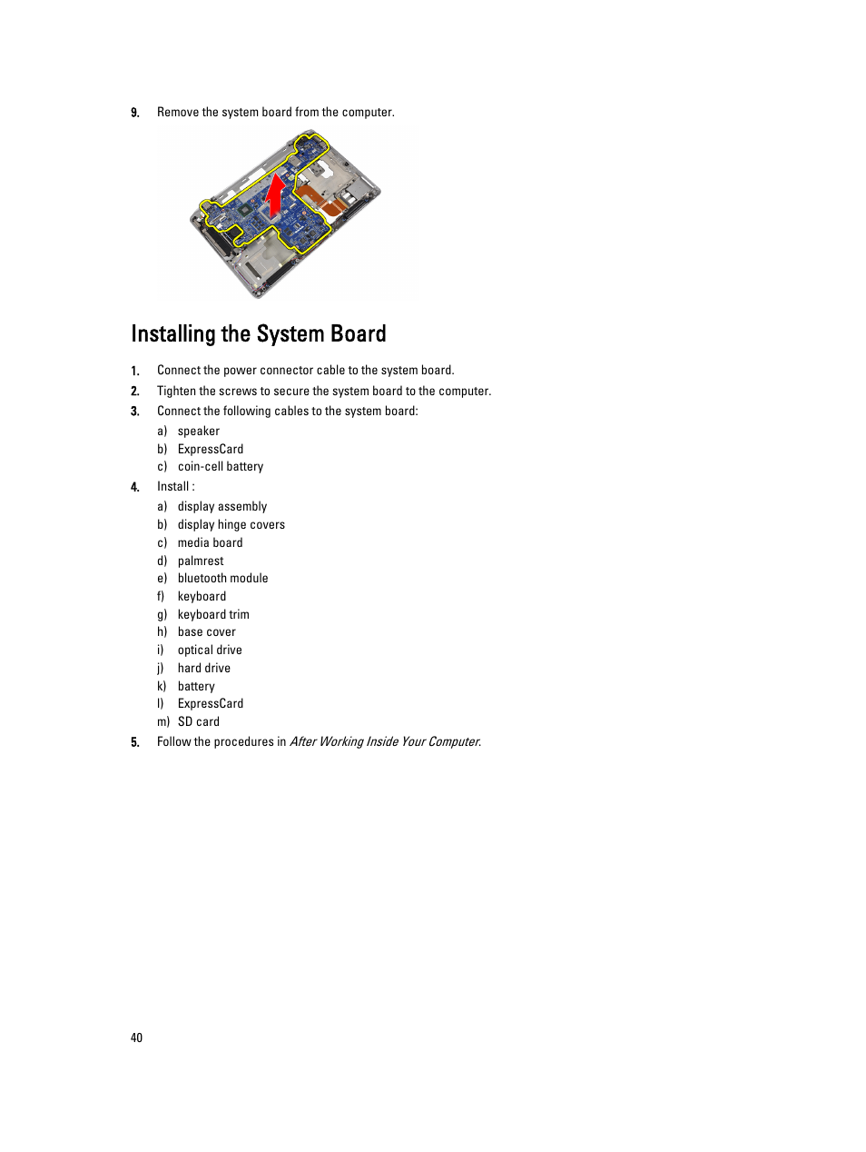 Installing the system board | Dell Latitude E6330 (Mid 2012) User Manual | Page 40 / 81