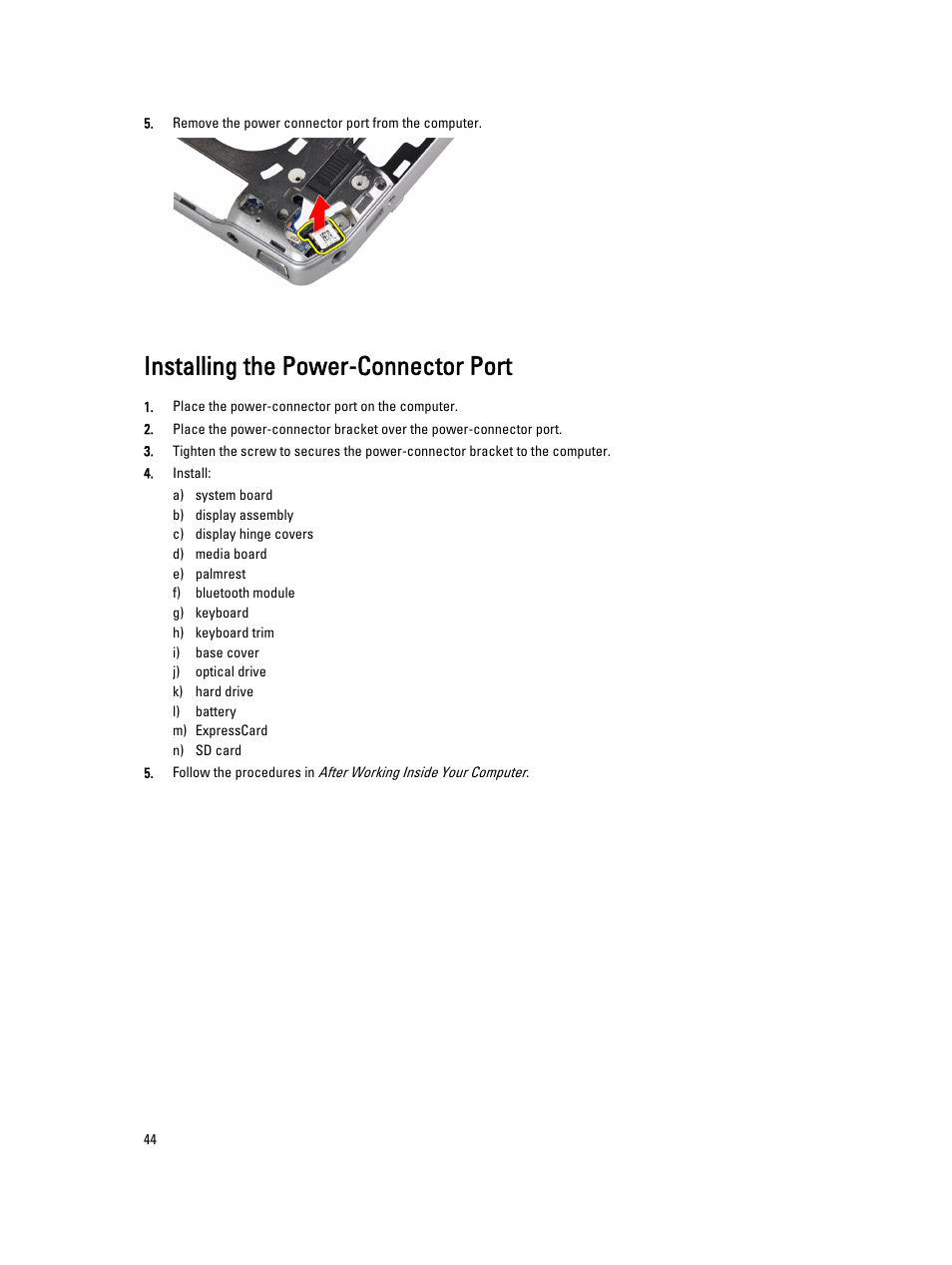 Installing the power-connector port | Dell Latitude E6330 (Mid 2012) User Manual | Page 44 / 81