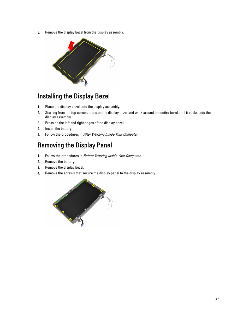 Installing the display bezel, Removing the display panel | Dell Latitude E6330 (Mid 2012) User Manual | Page 47 / 81