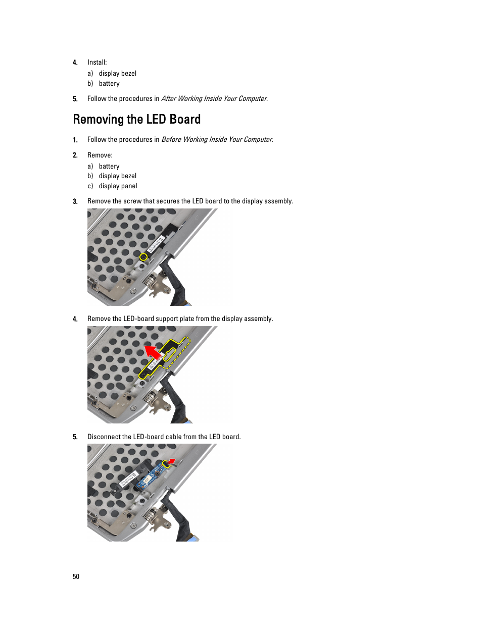 Removing the led board | Dell Latitude E6330 (Mid 2012) User Manual | Page 50 / 81