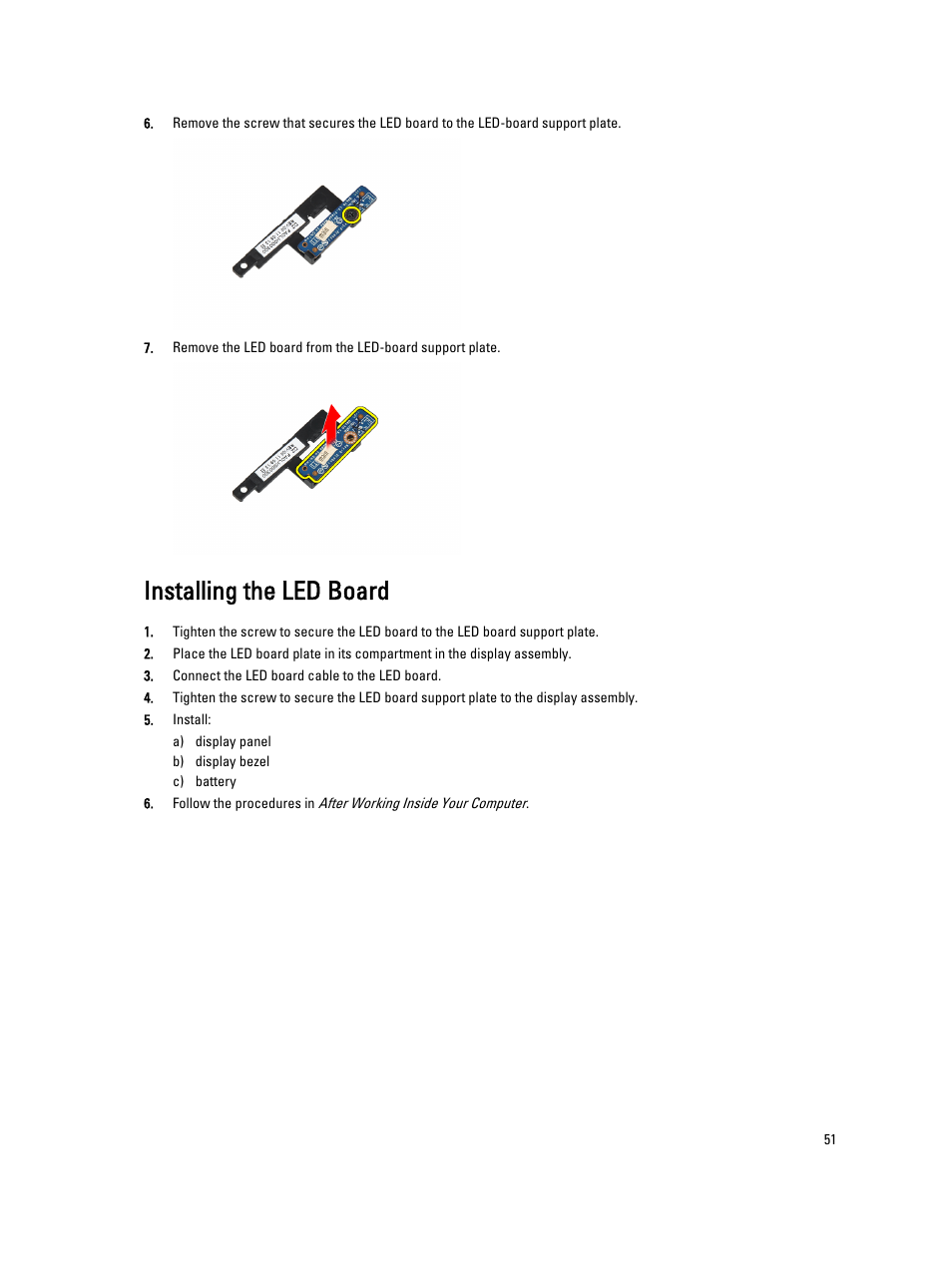 Installing the led board | Dell Latitude E6330 (Mid 2012) User Manual | Page 51 / 81