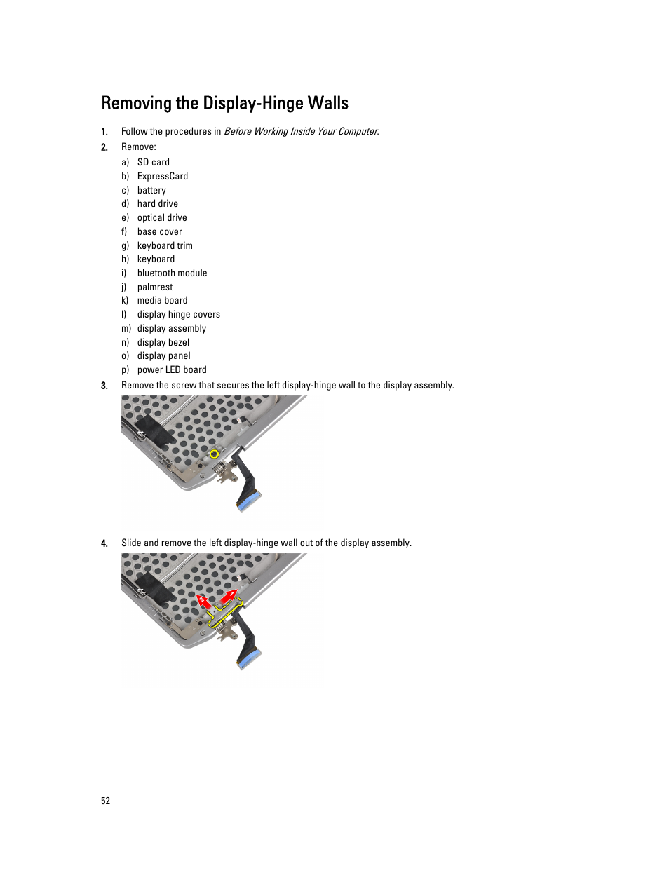 Removing the display-hinge walls | Dell Latitude E6330 (Mid 2012) User Manual | Page 52 / 81