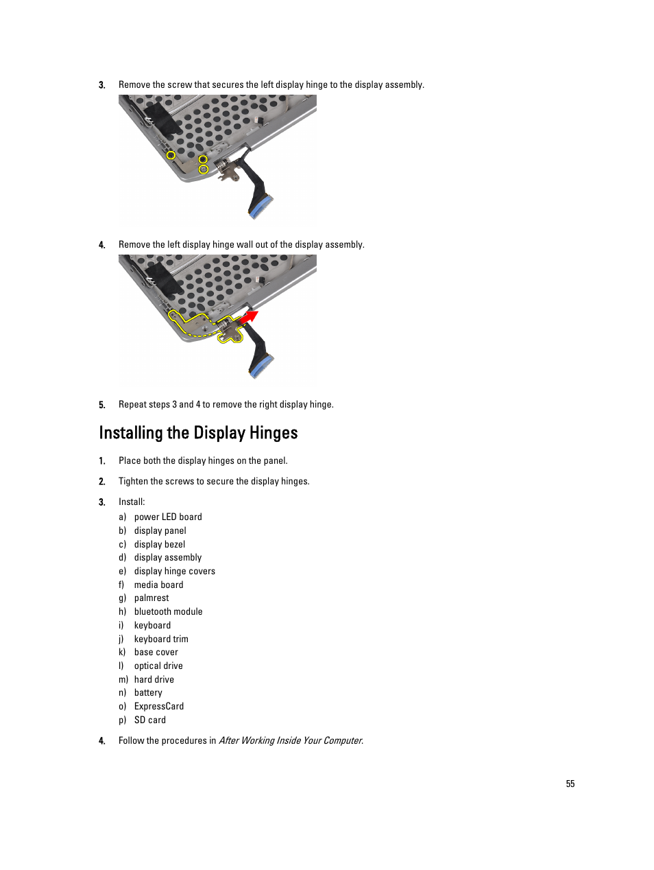 Installing the display hinges | Dell Latitude E6330 (Mid 2012) User Manual | Page 55 / 81