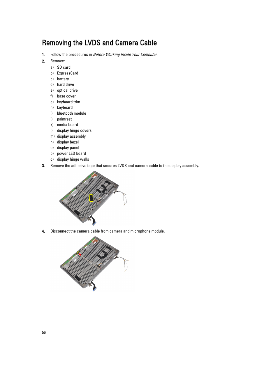 Removing the lvds and camera cable | Dell Latitude E6330 (Mid 2012) User Manual | Page 56 / 81