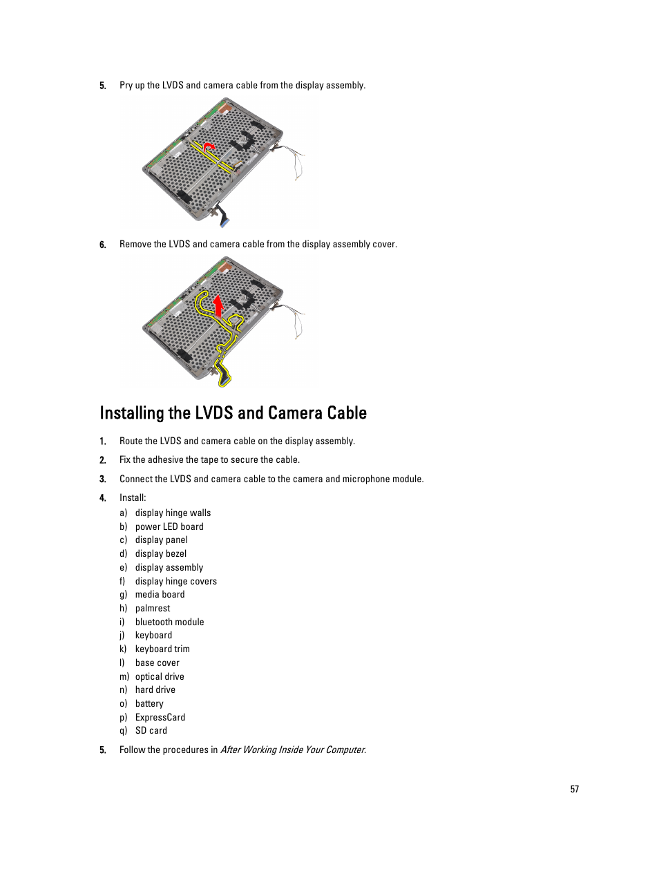 Installing the lvds and camera cable | Dell Latitude E6330 (Mid 2012) User Manual | Page 57 / 81