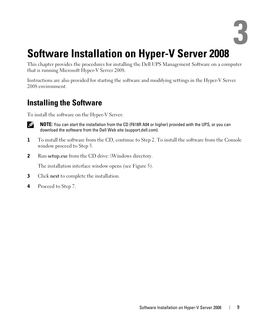 Software installation on hyper-v server 2008, Installing the software | Dell UPS 1920T User Manual | Page 9 / 28