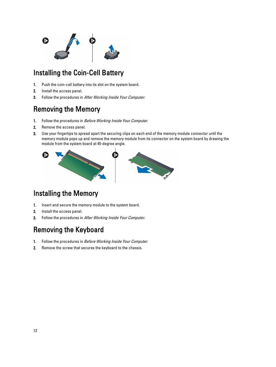 Installing the coin-cell battery, Removing the memory, Installing the memory | Removing the keyboard | Dell Vostro 3360 (Early 2012) User Manual | Page 12 / 55