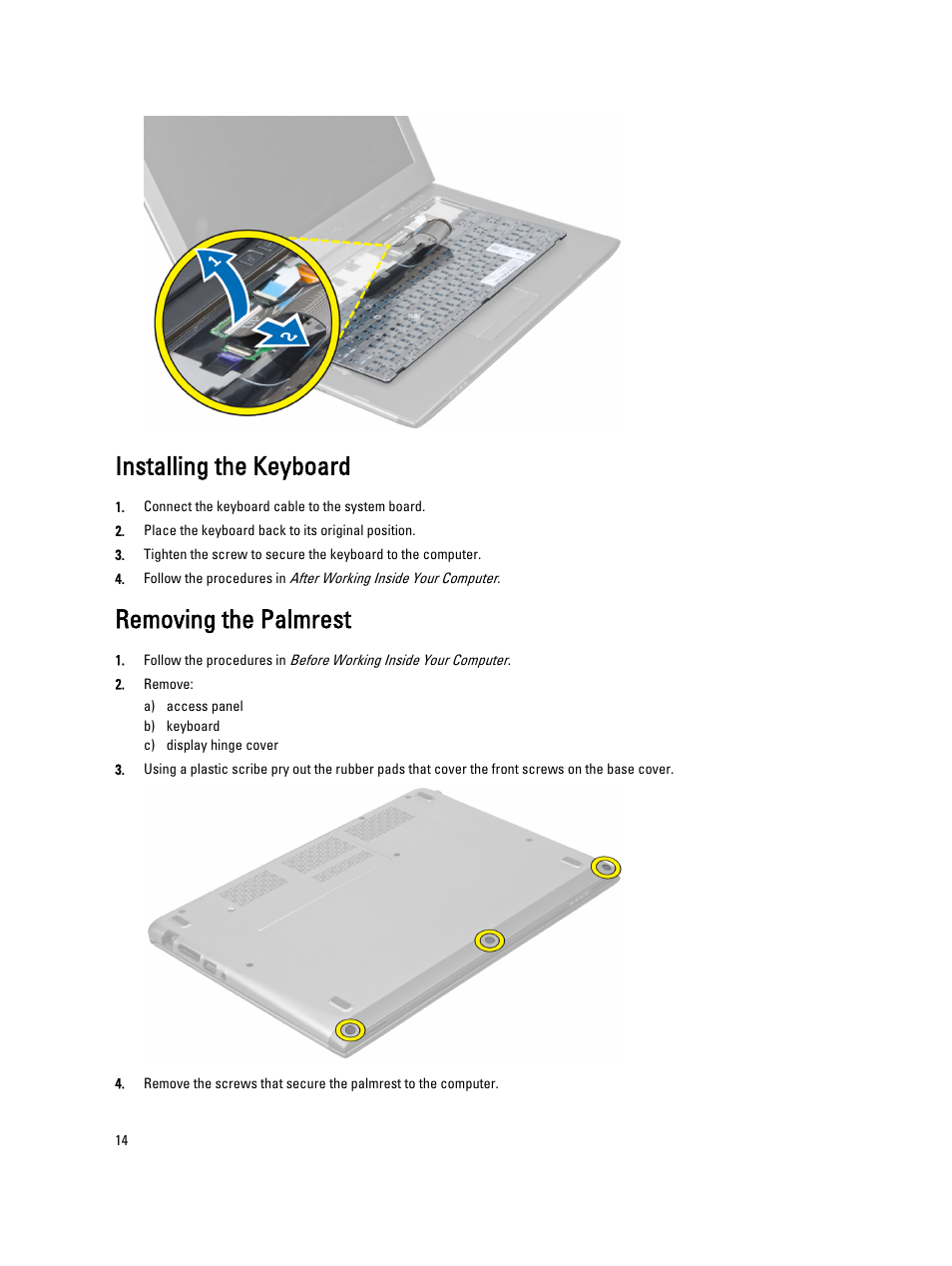 Installing the keyboard, Removing the palmrest | Dell Vostro 3360 (Early 2012) User Manual | Page 14 / 55