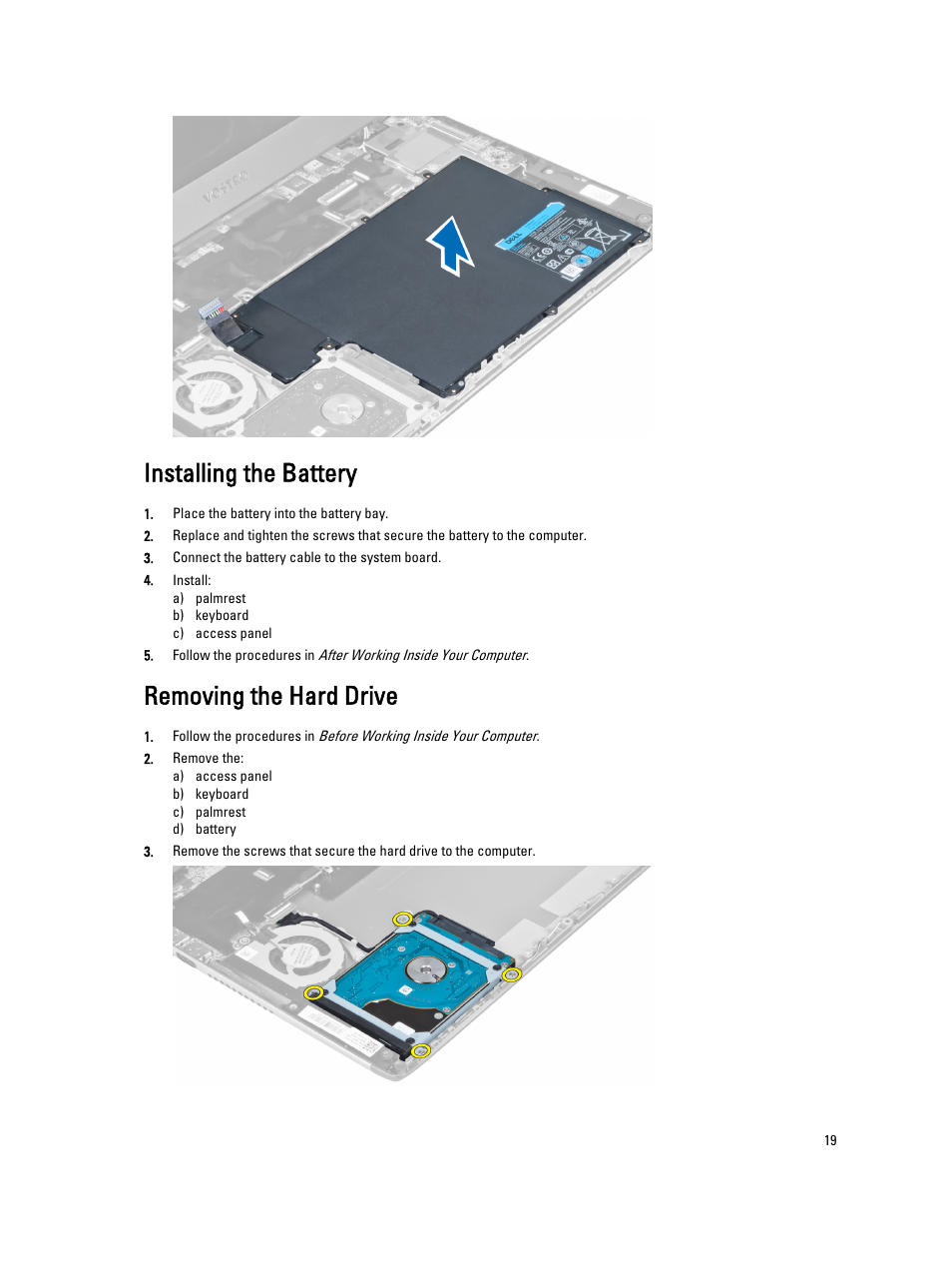 Installing the battery, Removing the hard drive | Dell Vostro 3360 (Early 2012) User Manual | Page 19 / 55