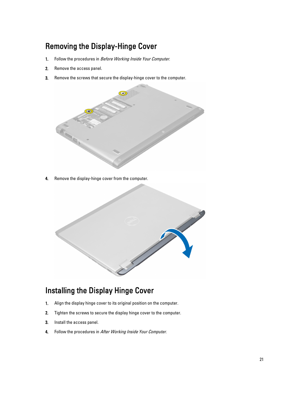 Removing the display-hinge cover, Installing the display hinge cover | Dell Vostro 3360 (Early 2012) User Manual | Page 21 / 55