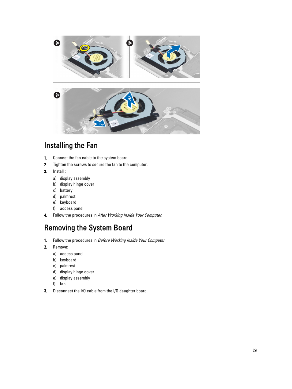 Installing the fan, Removing the system board | Dell Vostro 3360 (Early 2012) User Manual | Page 29 / 55