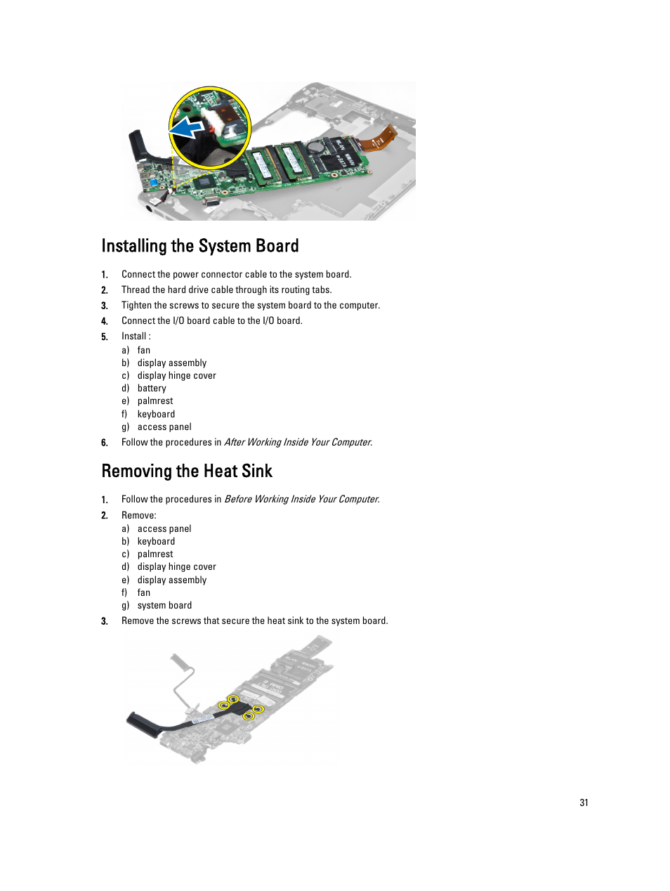 Installing the system board, Removing the heat sink | Dell Vostro 3360 (Early 2012) User Manual | Page 31 / 55