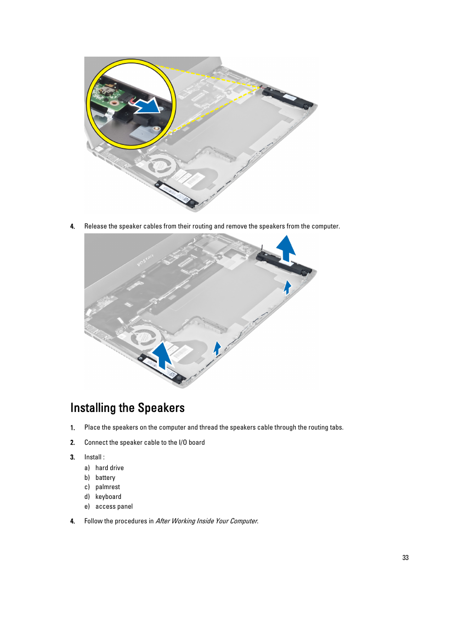 Installing the speakers | Dell Vostro 3360 (Early 2012) User Manual | Page 33 / 55