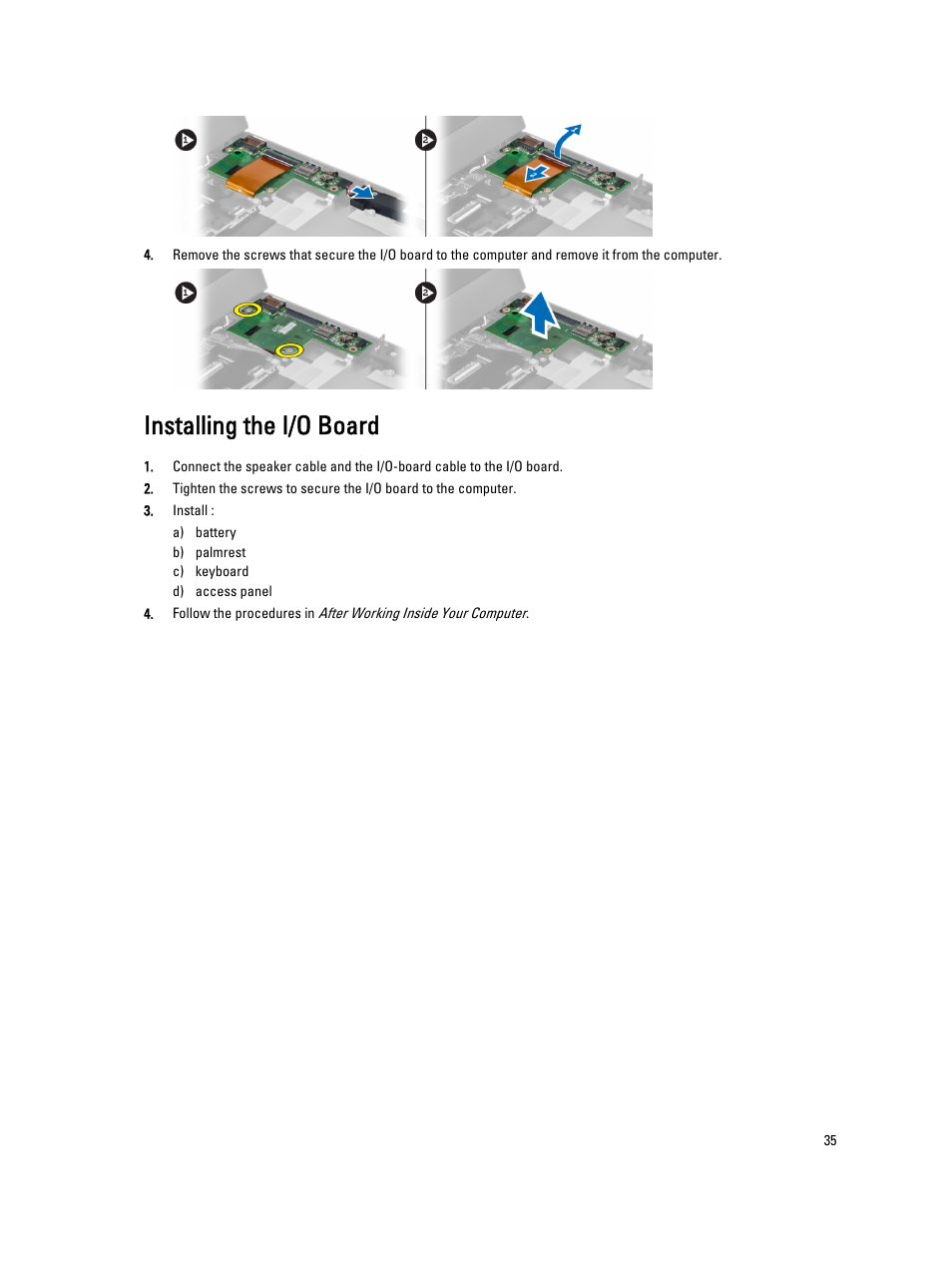 Installing the i/o board | Dell Vostro 3360 (Early 2012) User Manual | Page 35 / 55