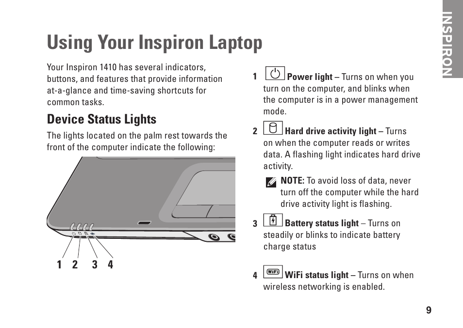 Using your inspiron laptop, Device status lights, Inspiron | Dell Inspiron 1410 (Late 2008) User Manual | Page 11 / 52