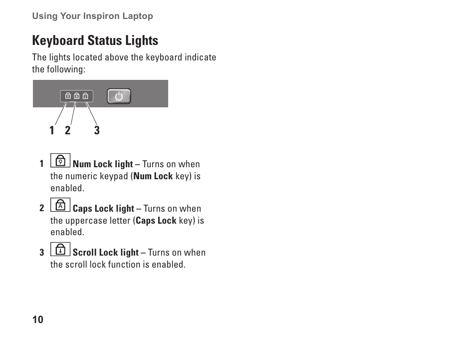 Keyboard status lights | Dell Inspiron 1410 (Late 2008) User Manual | Page 12 / 52