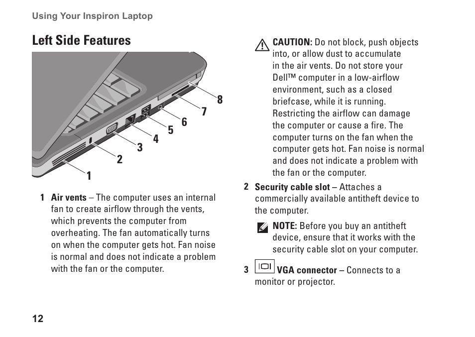 Left side features | Dell Inspiron 1410 (Late 2008) User Manual | Page 14 / 52
