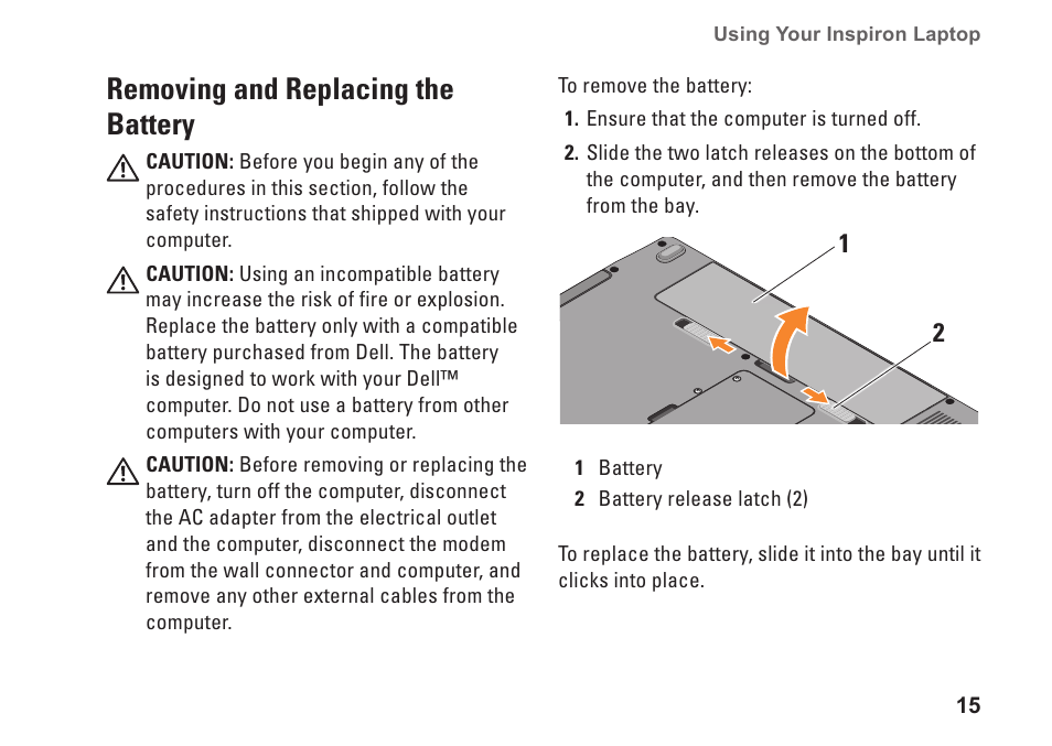 Removing and replacing the battery | Dell Inspiron 1410 (Late 2008) User Manual | Page 17 / 52