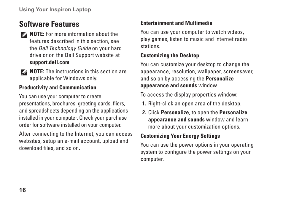 Software features | Dell Inspiron 1410 (Late 2008) User Manual | Page 18 / 52