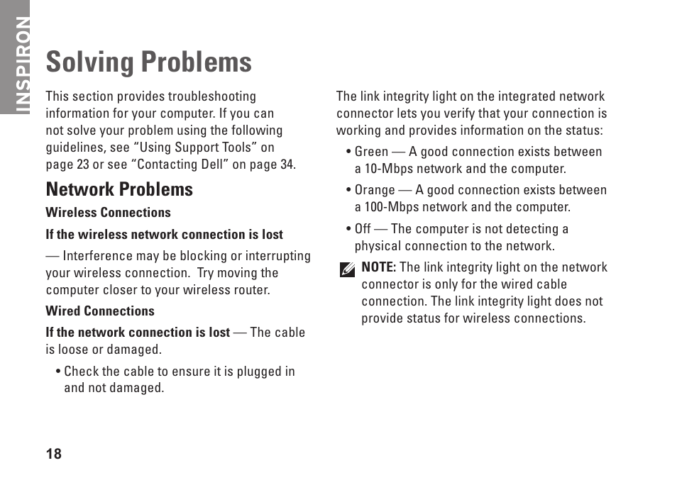 Solving problems, Network problems, Inspiron | Dell Inspiron 1410 (Late 2008) User Manual | Page 20 / 52